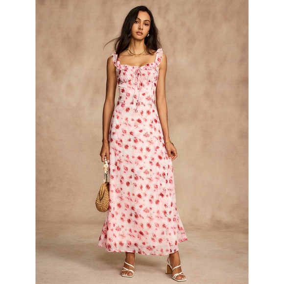 Commense Floral Maxi Dress Open Back Ruffle Tie Cottagecore size XL/12US - Picture 4 of 6